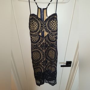 Medallion Lace Doily Midi Dress, Navy, Size M